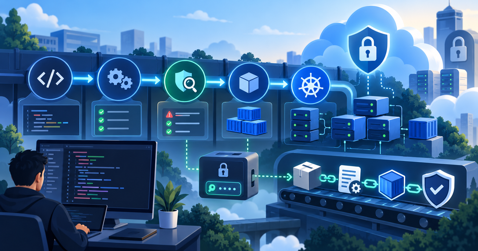 DevOps CI CD security workflow with containers Kubernetes cloud and secure deployment
