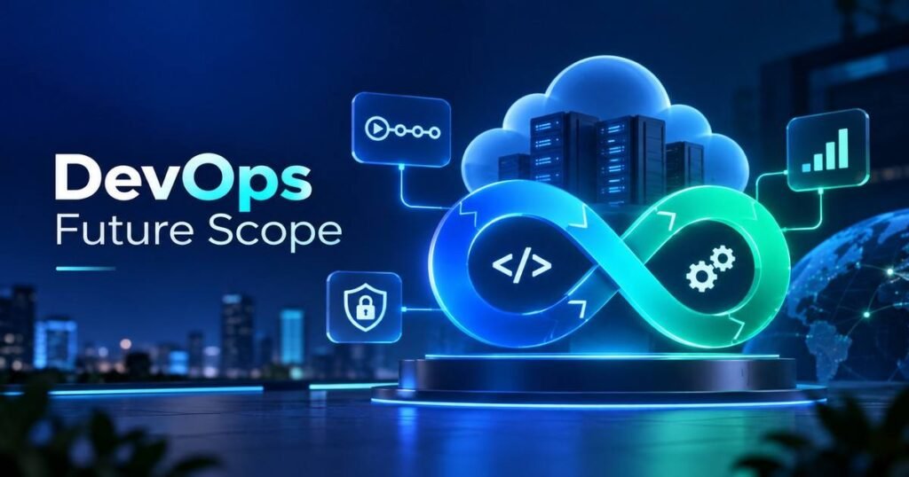 DevOps future scope banner with cloud automation CI CD security and monitoring